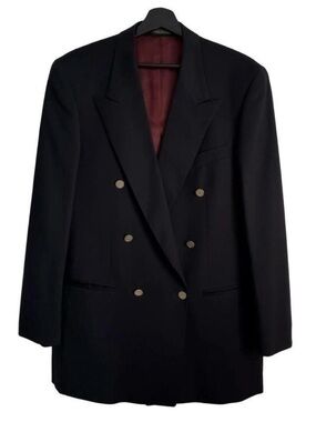 Vintage Black Double-Breasted Blazer Jacket Coat Fall Autumn Layering Unisex 90s